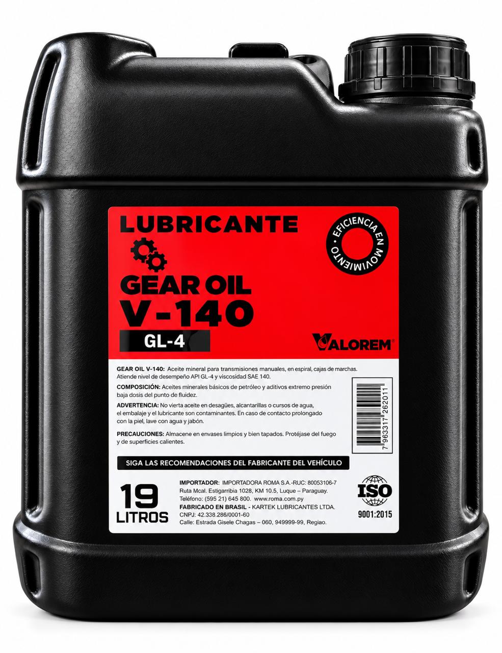 VALOREM GEAR OIL SAE 140. BALDE 19 LTS
